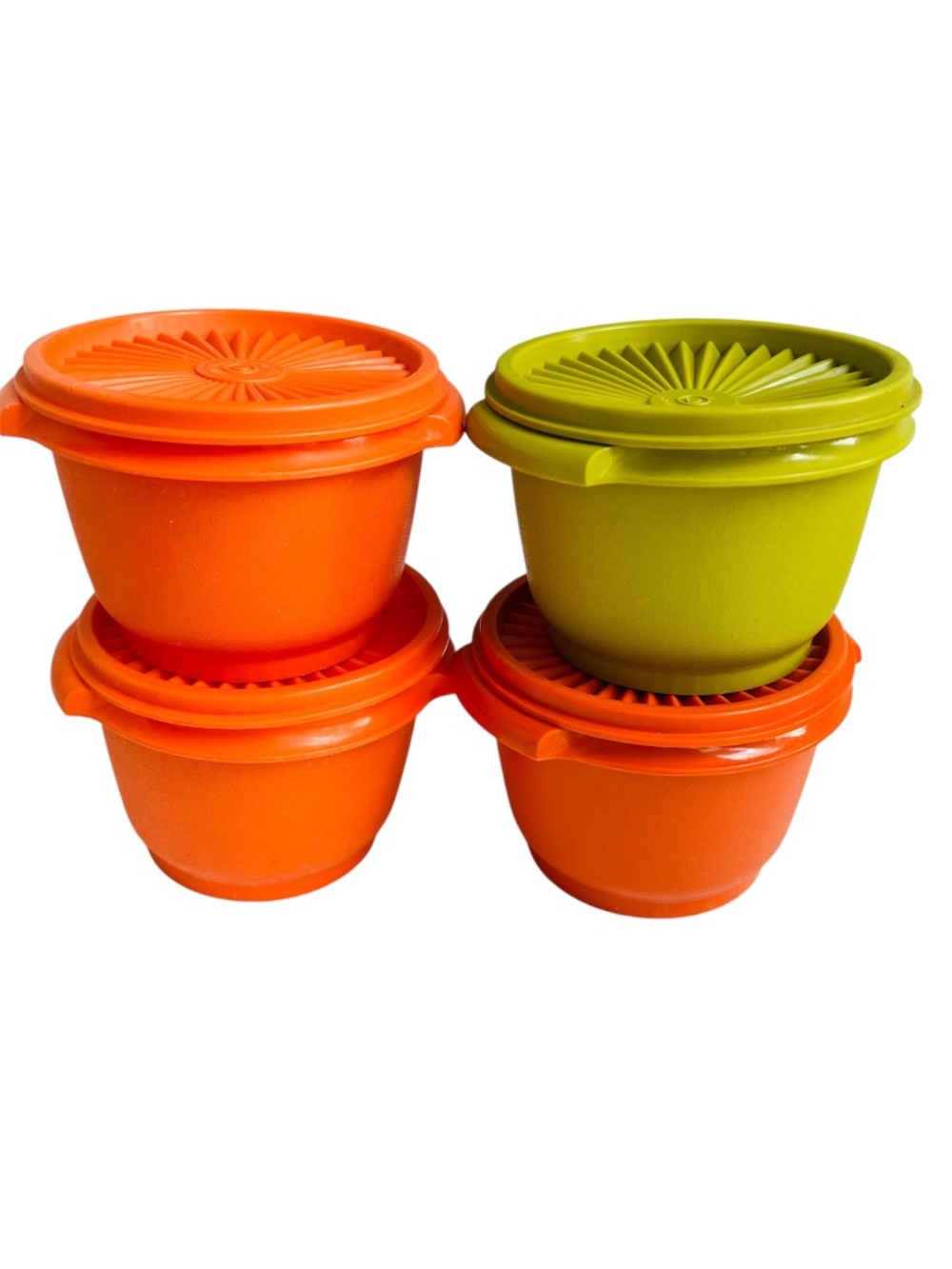 4 Tupperware Vintage Storage Containers 886-14 Green Orange Round Snap on Lids